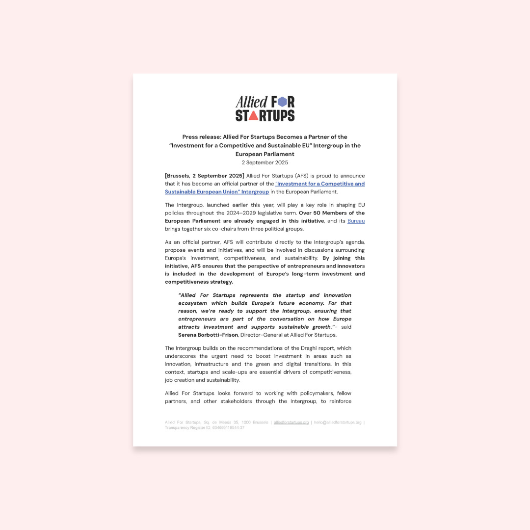 Allied For Startups Becomes a Partner of the “Investment for a Competitive and Sustainable EU” Intergroup in the European Parliament